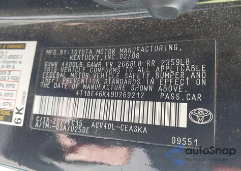 2009 Toyota Camry Se из США, поврежденный, VIN 4T1BE46K49U269212